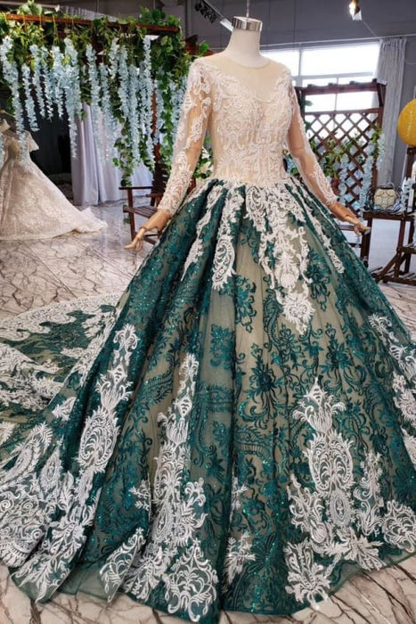 Green Sleeves Ball Lace Dress with Appliques Long Prom Gown - Prom Dresses