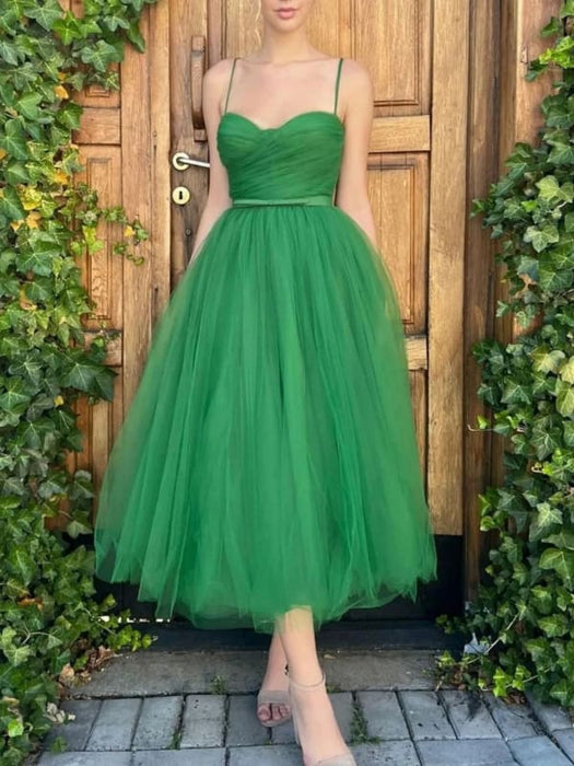 Green Tulle Tea Length Prom Dresses, Short Green Homecoming Dresses, G Bridelily Green Tulle Tea Length Prom Dresses, Short Green Homecoming Dresses, G Bridelily