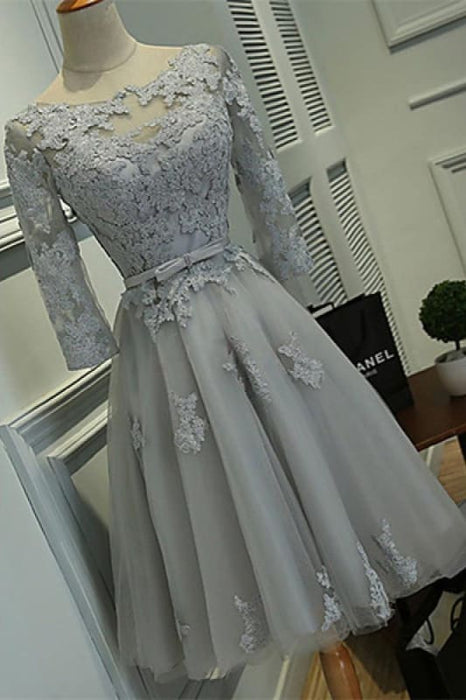 Grey A-line Bateau Knee-length Lace Appliques Tulle Homecoming Dress with Belt - Prom Dresses