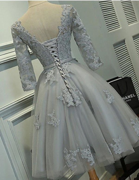 Grey A-line Bateau Knee-length Lace Appliques Tulle Homecoming Dress with Belt - Prom Dresses