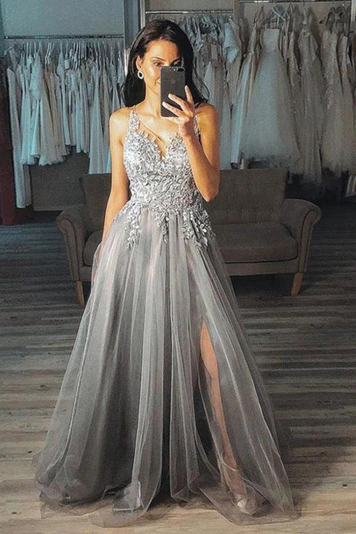 Grey A Line V Neck Appliques Tulle Prom Gray Split Long Evening Dress - Prom Dresses