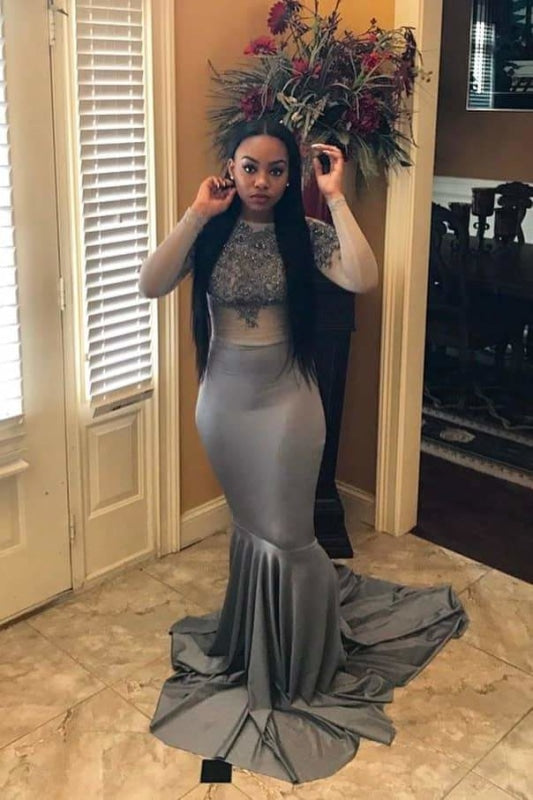 Grey Long Sleeves Jewel Floor Length Mermaid Prom Dresses - Prom Dresses