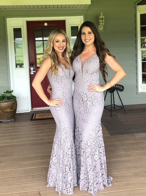 Grey Simple V-neck Zipper Lace Mermaid Wedding Dresses - bridesmaid dresses