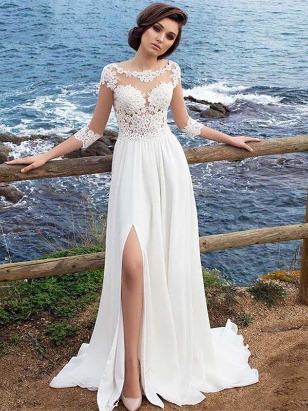 Half Sleeve Lace Appliques Wedding Dresses - White / Floor Length - wedding dresses