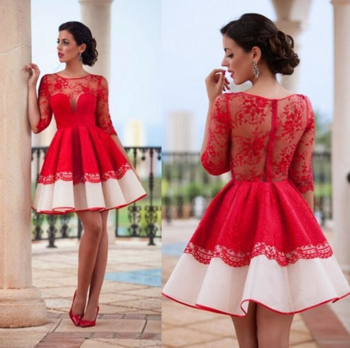Half Sleeve Red dresses Pretty Short Lace Homecoming Gowns - Prom Dresses