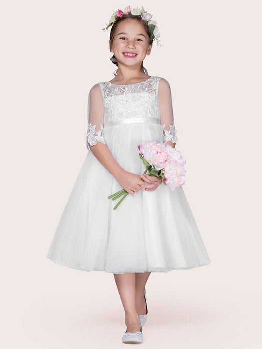 Flower Girl Dresses Ivory Jewel Tulle Neck Tulle Half Sleeves A-Line Lace Kids Party Dresses