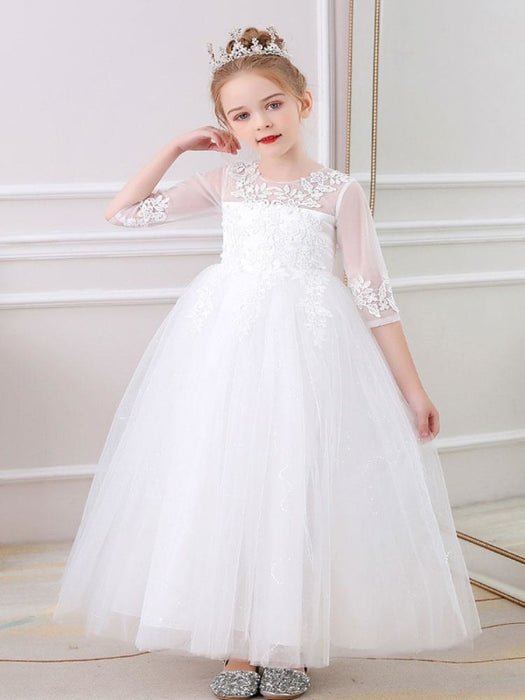 Champagne Flower Girl Dresses Jewel Neck Polyester Half Sleeves Ankle-Length A-Line Flowers Kids Party Dresses