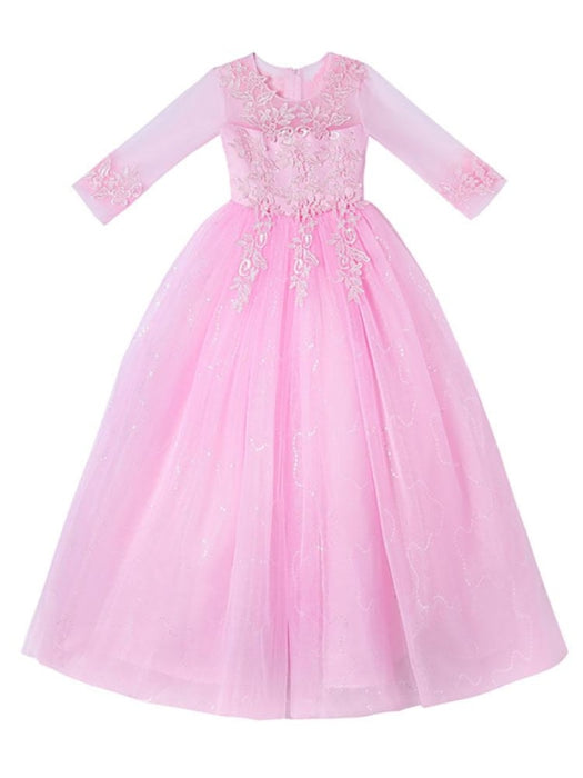 Champagne Flower Girl Dresses Jewel Neck Polyester Half Sleeves Ankle-Length A-Line Flowers Kids Party Dresses