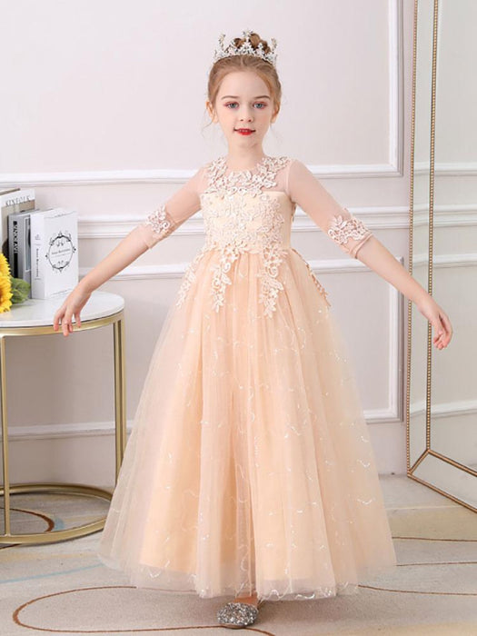 Half Sleeves Champagne Flower Girl Dresses Jewel Neck Ankle-Length A-L Bridelily Half Sleeves Champagne Flower Girl Dresses Jewel Neck Ankle-Length A-L Bridelily