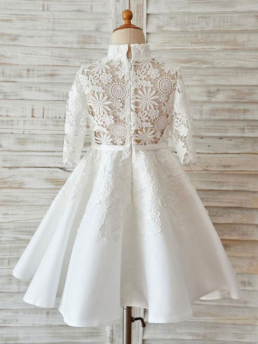 Half Sleeves Floral Lace Flower Girl Dress Ivory Satin High Neck Dress Bridelily Half Sleeves Floral Lace Flower Girl Dress Ivory Satin High Neck Dress Bridelily