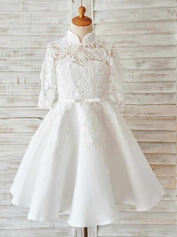 Ivory Lace Satin High Neck Long Sleeves Wedding Flower Girl Dress