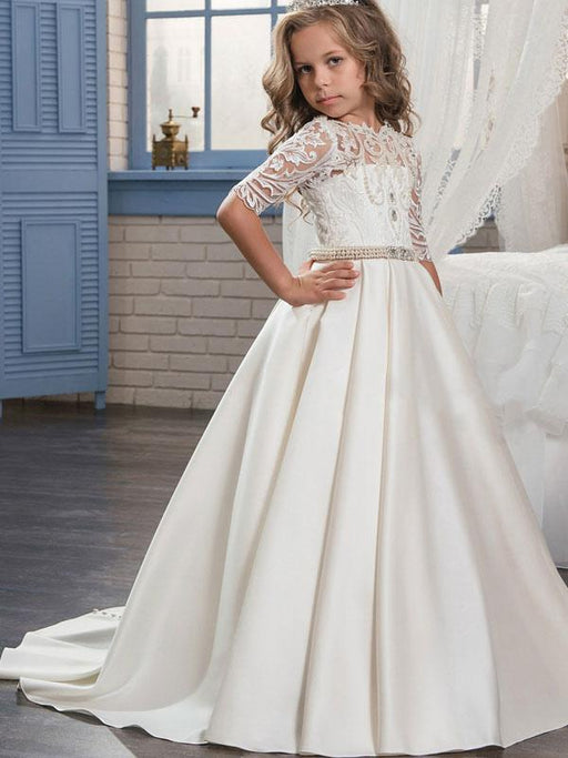 Flower Girl Dresses Jewel Neck Half Sleeves Studded Kids Formal Party Dresses