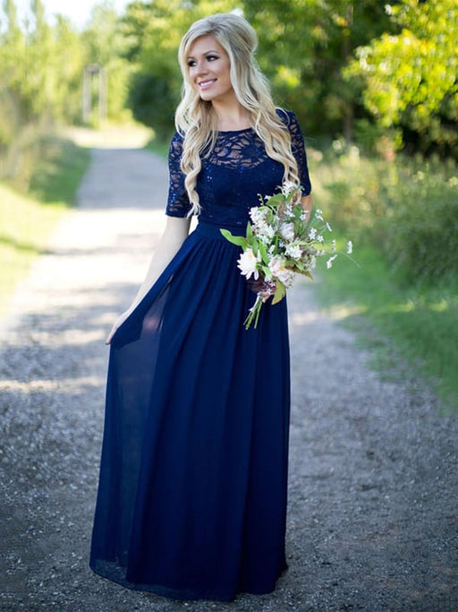 Half Sleeves Navy Blue Lace Long Prom Dresses, Navy Blue Lace