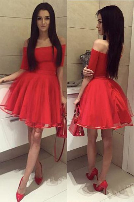 Half Sleeves Off-the-shoulder Tulle Ruched Homecoming Dress Short Red Prom Dresses - Prom Dresses