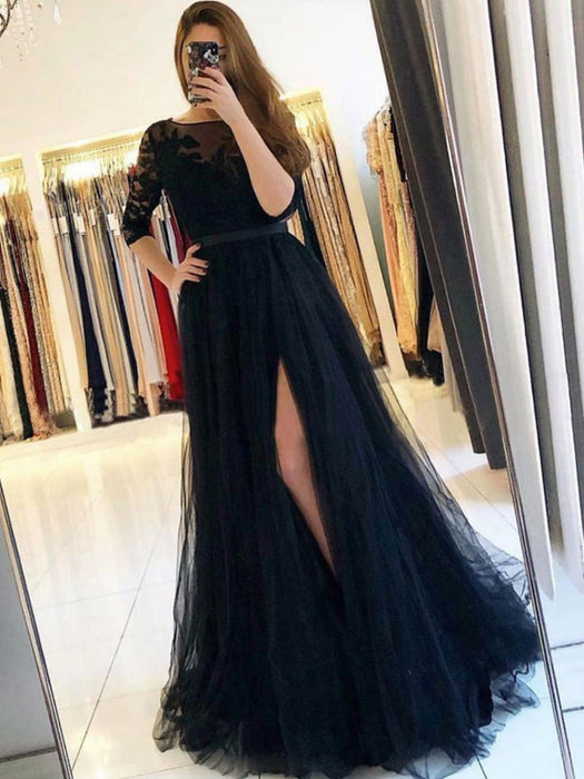 Half Sleeves Open Back Black Lace Long Prom Dresses with High Slit, Bl Bridelily Half Sleeves Open Back Black Lace Long Prom Dresses with High Slit, Bl Bridelily