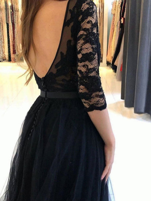 Half Sleeves Open Back Black Lace Long Prom Dresses with High Slit, Bl Bridelily Half Sleeves Open Back Black Lace Long Prom Dresses with High Slit, Bl Bridelily