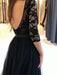 Half Sleeves Open Back Black Lace Long Prom Dresses with High Slit, Black Lace Formal Dresses, Black Evening Dresses 