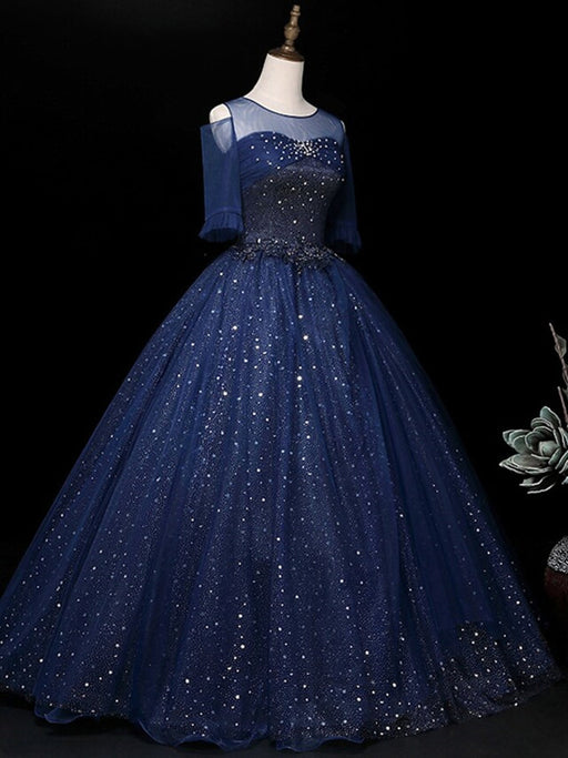 Half Sleeves Round Neck Navy Blue Beaded Long Prom Dresses, Shiny Beaded Navy Blue Formal Evening Dresses, Navy Blue Ball Gown 