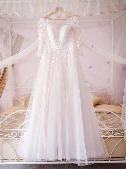 Half Sleeves V Neck White Lace Long Prom Dresses, White Lace Wedding Dresses, White Formal Evening Dresses 