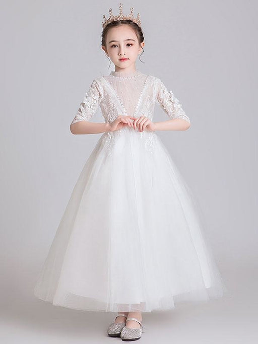 White Flower Girl Dresses Jewel Neck Polyester Half Sleeves Ankle-Length Princess Dress Kids Formal Pageant Dresses