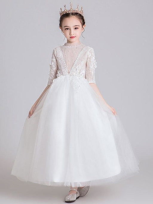 White Flower Girl Dresses Jewel Neck Polyester Half Sleeves Ankle-Length Princess Dress Kids Formal Pageant Dresses