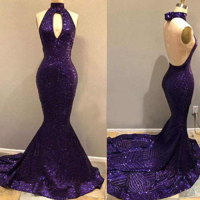 Halter Front Slit Backless Purple Sequin Mermaid Prom Dress