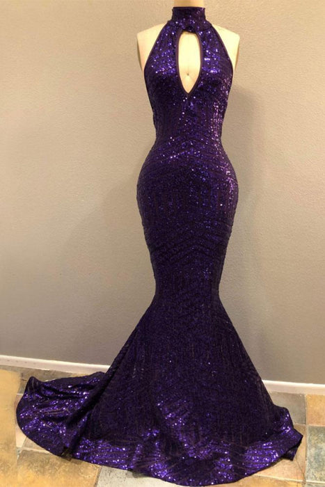Halter Front Slit Backless Purple Sequin Mermaid Prom Dress