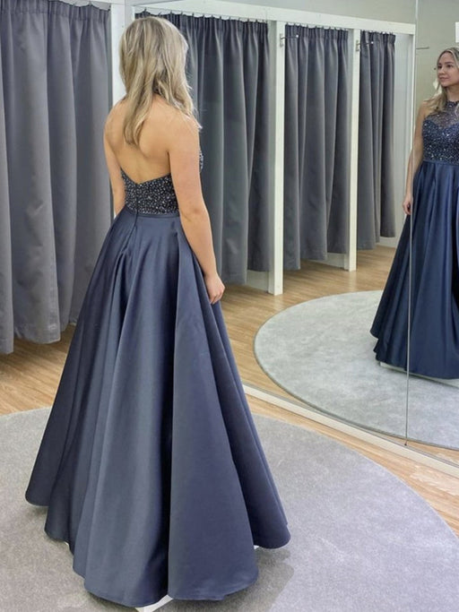 Halter Neck Backless Gray Beaded Long Prom Dresses, Backless Beaded Gray Formal Evening Dresses