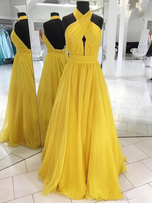 Halter Neck Backless Yellow Long Prom Dresses, Open Back Yellow Formal Bridelily Halter Neck Backless Yellow Long Prom Dresses, Open Back Yellow Formal Bridelily