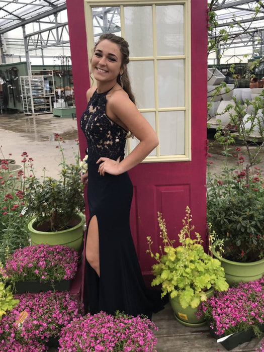 Halter Neck Mermaid Backless Lace Black Prom with Leg Slit, Black Lace Bridelily Halter Neck Mermaid Backless Lace Black Prom with Leg Slit, Black Lace Bridelily