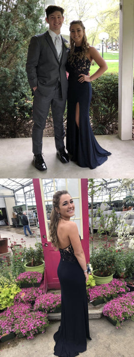 Halter Neck Mermaid Backless Lace Black Prom Dresses with Leg Slit, Black Lace Graduation Dresses, Formal Dresses, Evening Dresses