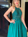 Halter Neck Open Back Green Lace Long Prom Dresses, Green Chiffon Lace Formal Graduation Evening Dresses 