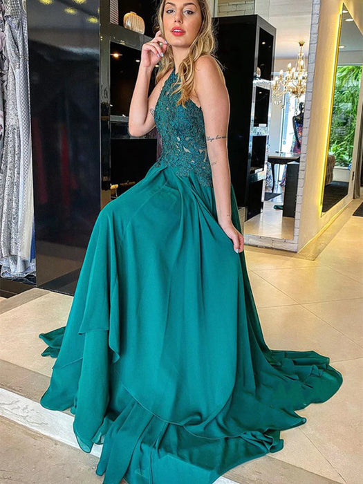 Halter Neck Open Back Green Lace Long Prom Dresses, Green Chiffon Lace Bridelily Halter Neck Open Back Green Lace Long Prom Dresses, Green Chiffon Lace Bridelily