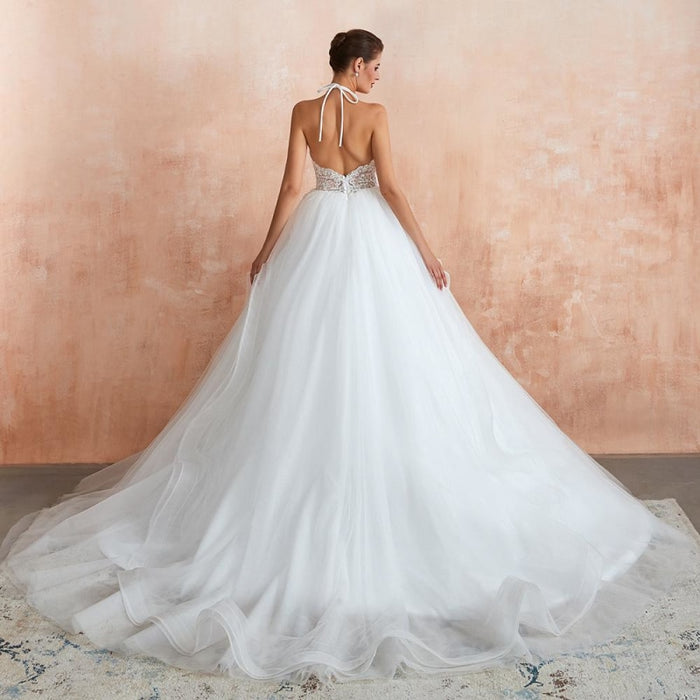 Halter Open Back Appliques Tulle Wedding Dress - Wedding Dresses