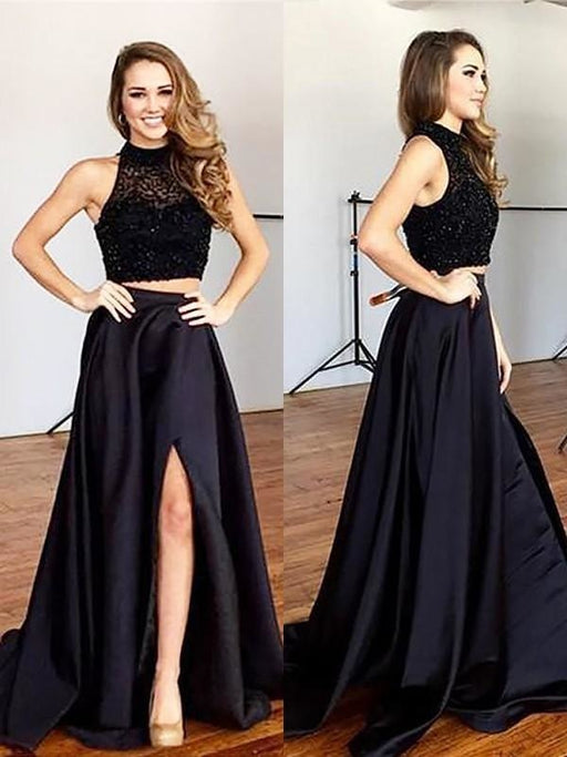 Halter Satin With Beading Sweep/Brush Train Two Piece Dresses - Prom Dresses