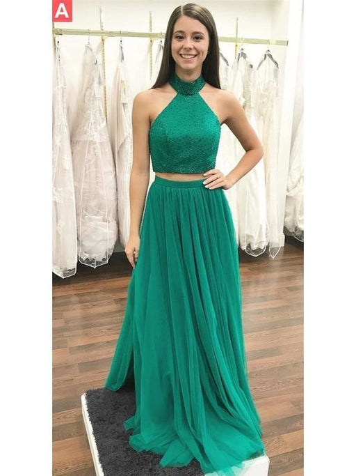 Halter Sleeveless Floor-Length With Beading Tulle Two Piece Dresses - Prom Dresses