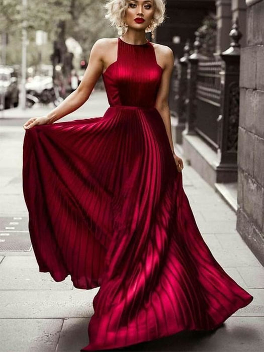 Halter Sleeveless Floor-Length With Ruched Silk Like Satin Dresses - Prom Dresses