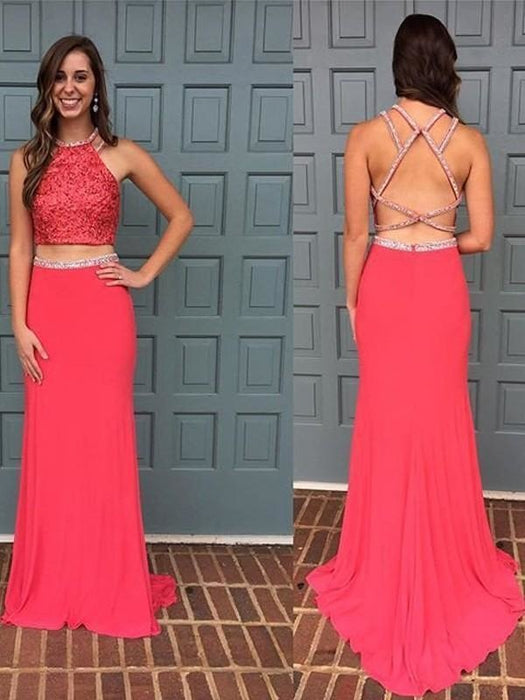 Halter Sleeveless Sweep/Brush Train With Beading Two Piece Dresses - Prom Dresses