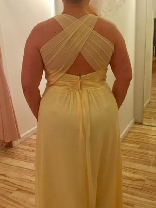 Halter Sleeveless With Ruched Floor-Length Chiffon Plus Size Dresses - Prom Dresses