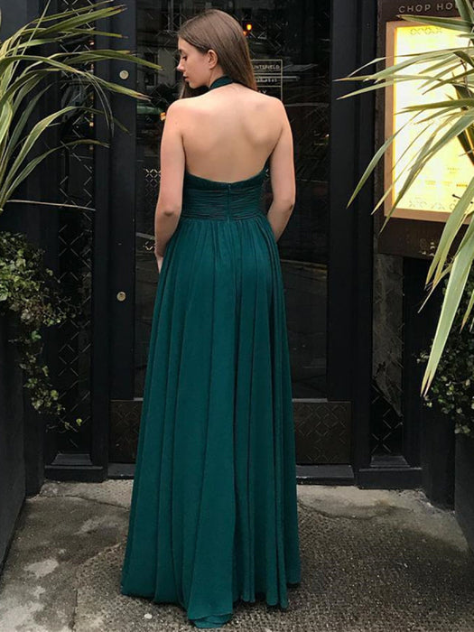 Halter V Neck Backless Green Chiffon Long Prom Dresses, Long Green Formal Graduation Evening Dresses