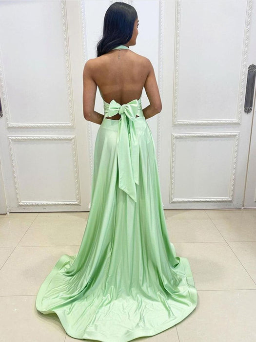 Halter V Neck Backless Sage Long Prom Dresses with High Slit, Backless Bridelily Halter V Neck Backless Sage Long Prom Dresses with High Slit, Backless Bridelily
