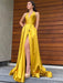 Halter V Neck Backless Yellow Long Prom Dresses with High Slit, Backless Yellow Formal Graduation Evening Dresses 