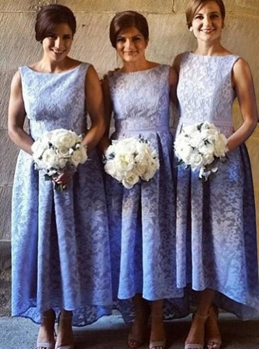 High Low Bateau Sleeveless Light Sky Blue Lace Bridesmaid Dress - Bridesmaid Dresses