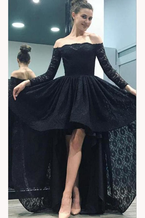 High-Low Black Off the Shoulder Long Sleeves Prom Dress Sexy Lace Party Gown - Prom Dresses