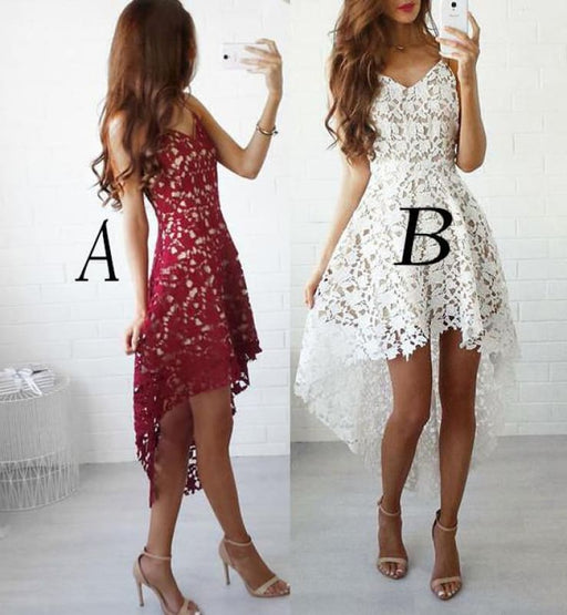 High-low Burgundy V-neck Straps Homecoming Asymmetrical Lace Short Prom Dress - Prom Dresses
