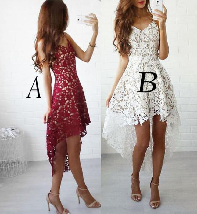 High-low Burgundy V-neck Straps Homecoming Asymmetrical Lace Short Prom Dress - Prom Dresses
