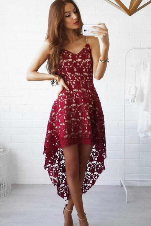 High-low Burgundy V-neck Straps Homecoming Asymmetrical Lace Short Prom Dress - Prom Dresses