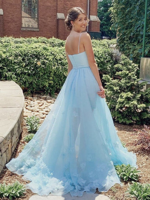 High Low Light Blue Floral Long Prom Dresses, High Low Blue Formal Evening Dresses