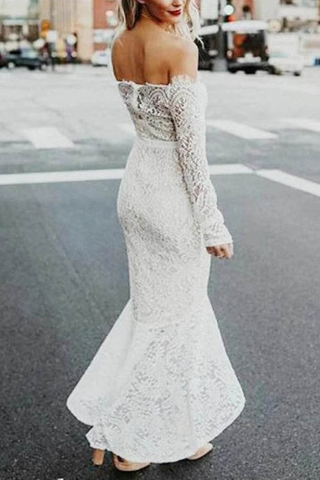 High Low Long Sleeves Mermaid Off the Shoulder Lace Wedding Dress - Wedding Dresses