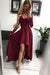 High Low Long Sleeves V Neck Prom Burgundy A Line Graduation Dress with Lace - Prom Dresses